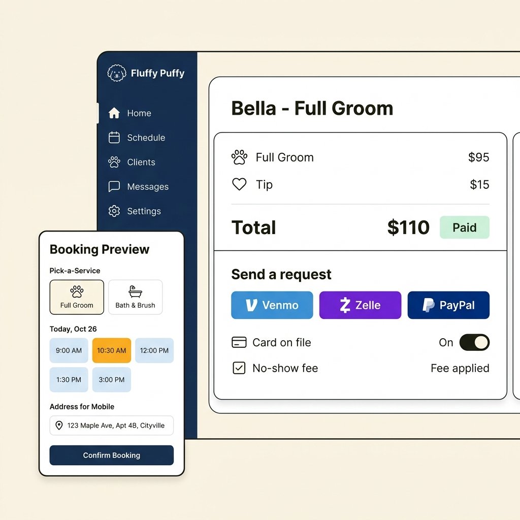 Fluffy Puffy invoice with Venmo, Zelle and PayPal requests plus an online booking preview