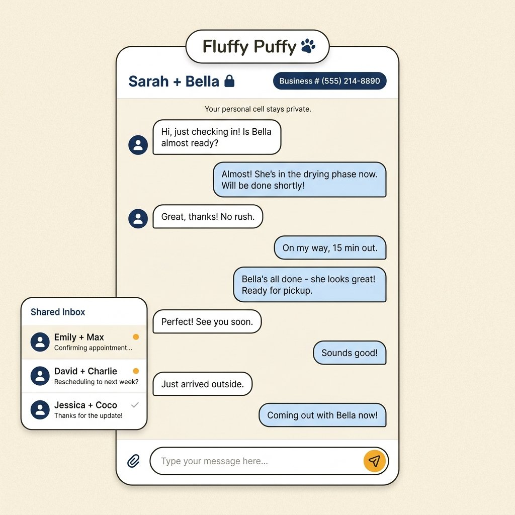 Fluffy Puffy client text thread from a masked business number with a shared inbox