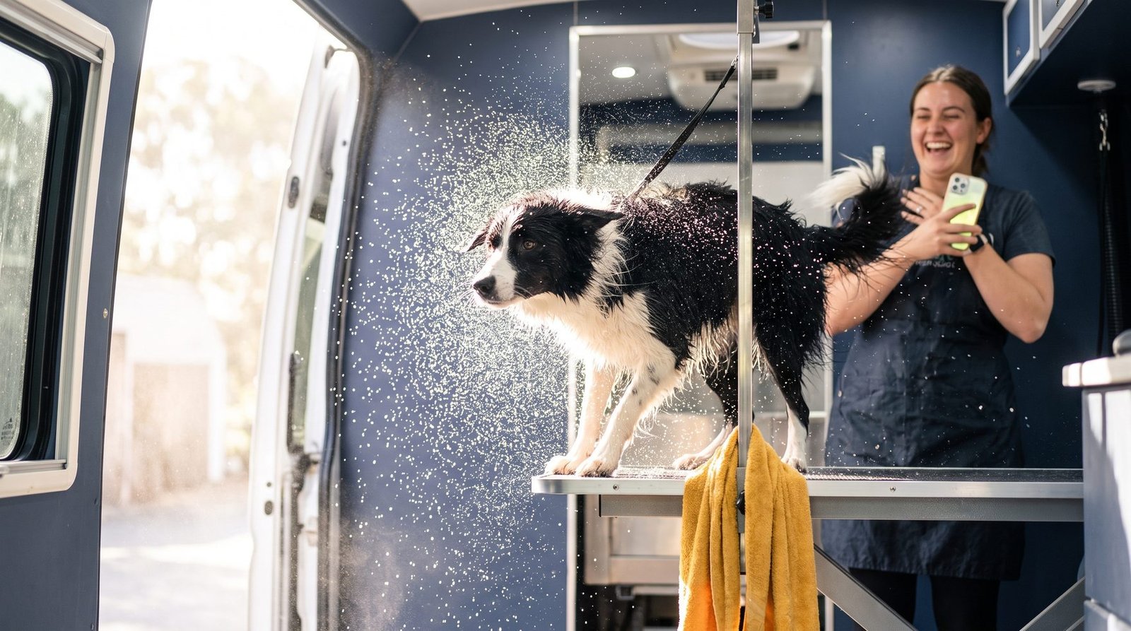 A joyful border collie shaking off water in a mobile grooming van while the pet stylist laughs