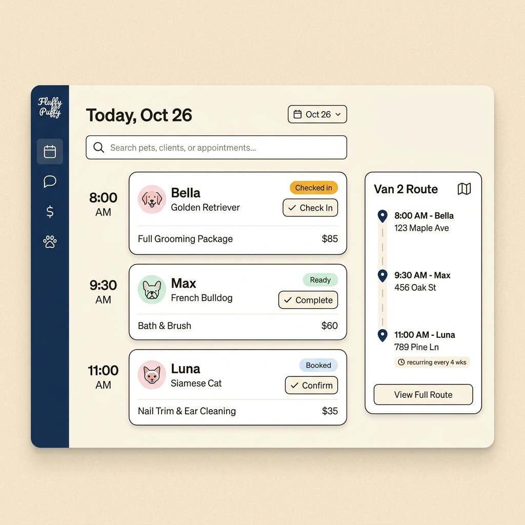 Fluffy Puffy day-view schedule with one-tap check-ins and a Van 2 route